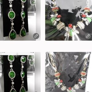 Elegant Green Silver Drop Earrings & Crystal NECKLACE set great for the holidays